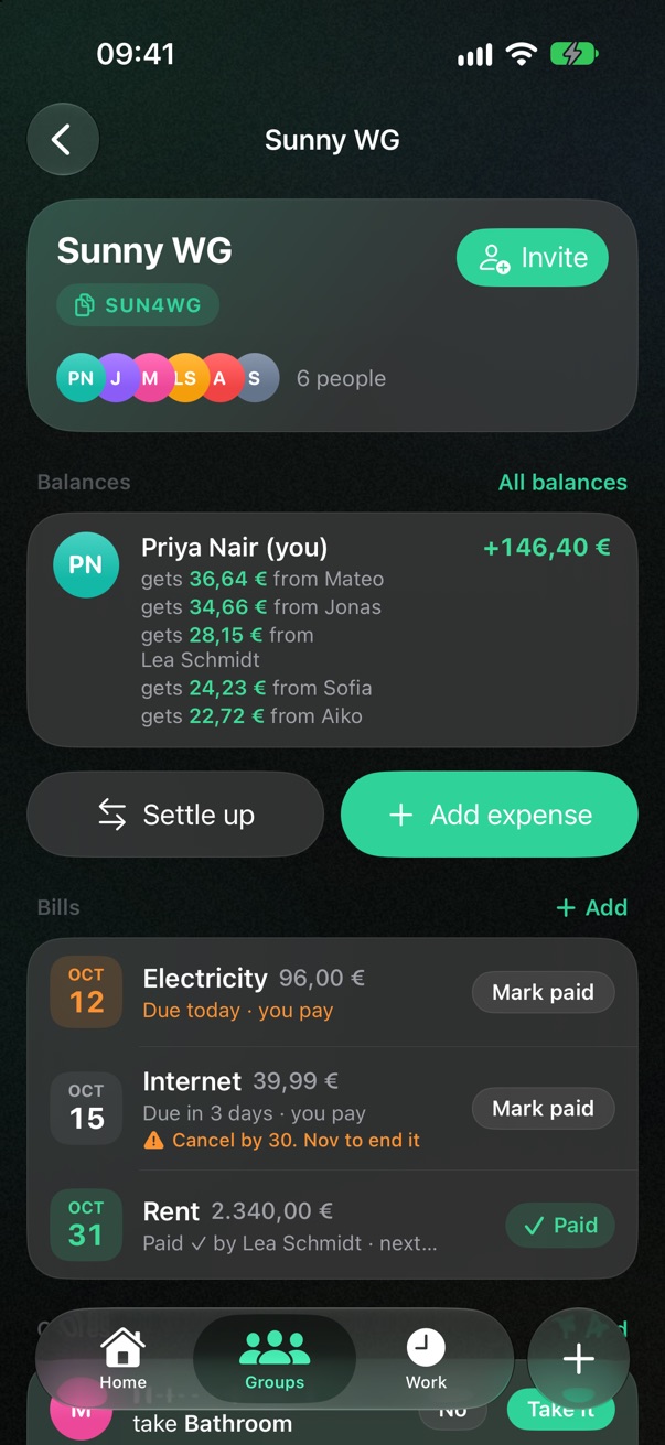 A group: balances, bills and chores
