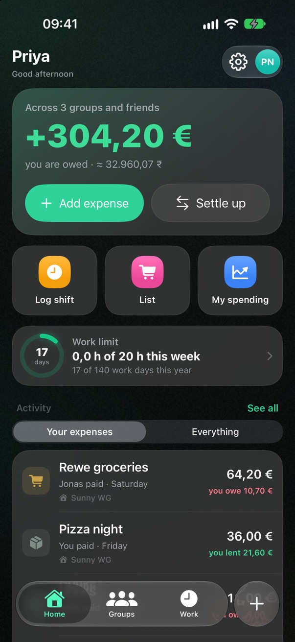 Splitlife home: your balance in euros and rupees